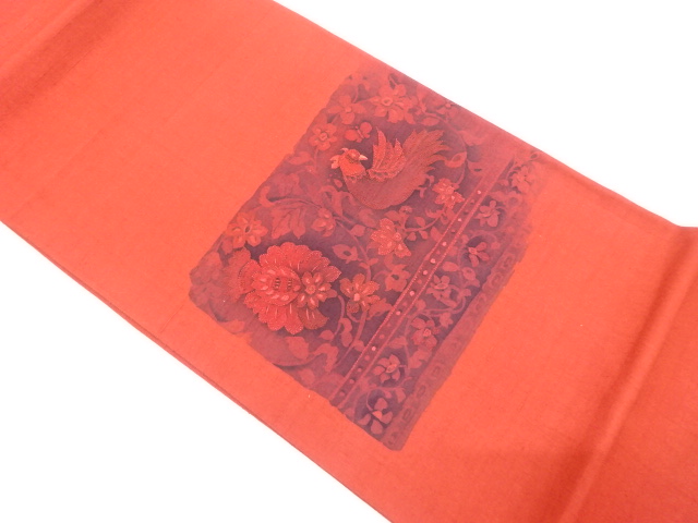 手織り紬　相良刺繍　花鳥模様袋帯